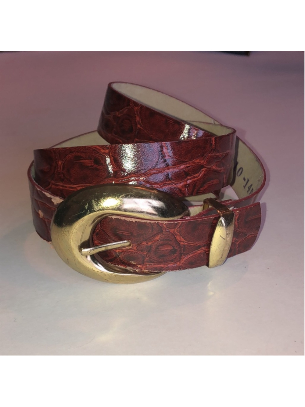 Reddish Brown Croc-Embossed Faux Leather Belt with Gold Tone Buckle